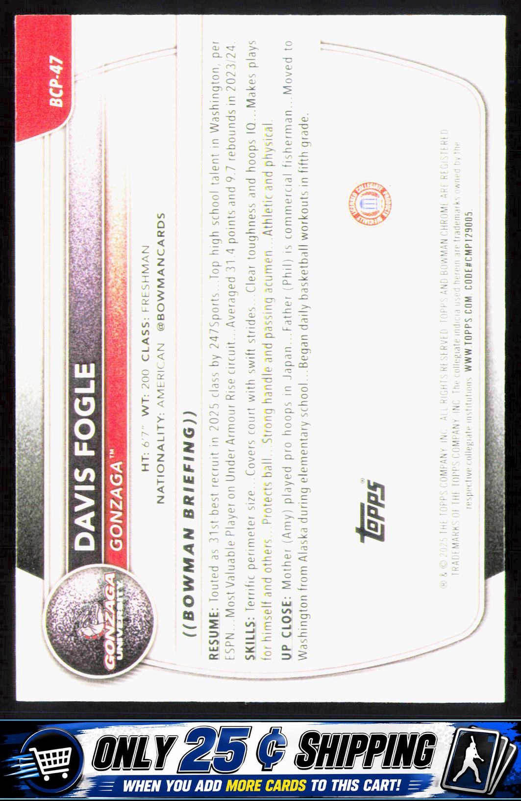 2025-26 Bowman #BCP-47 Davis Fogle Chrome Prospects Purple Mojo Refractor #/250 - Image 2